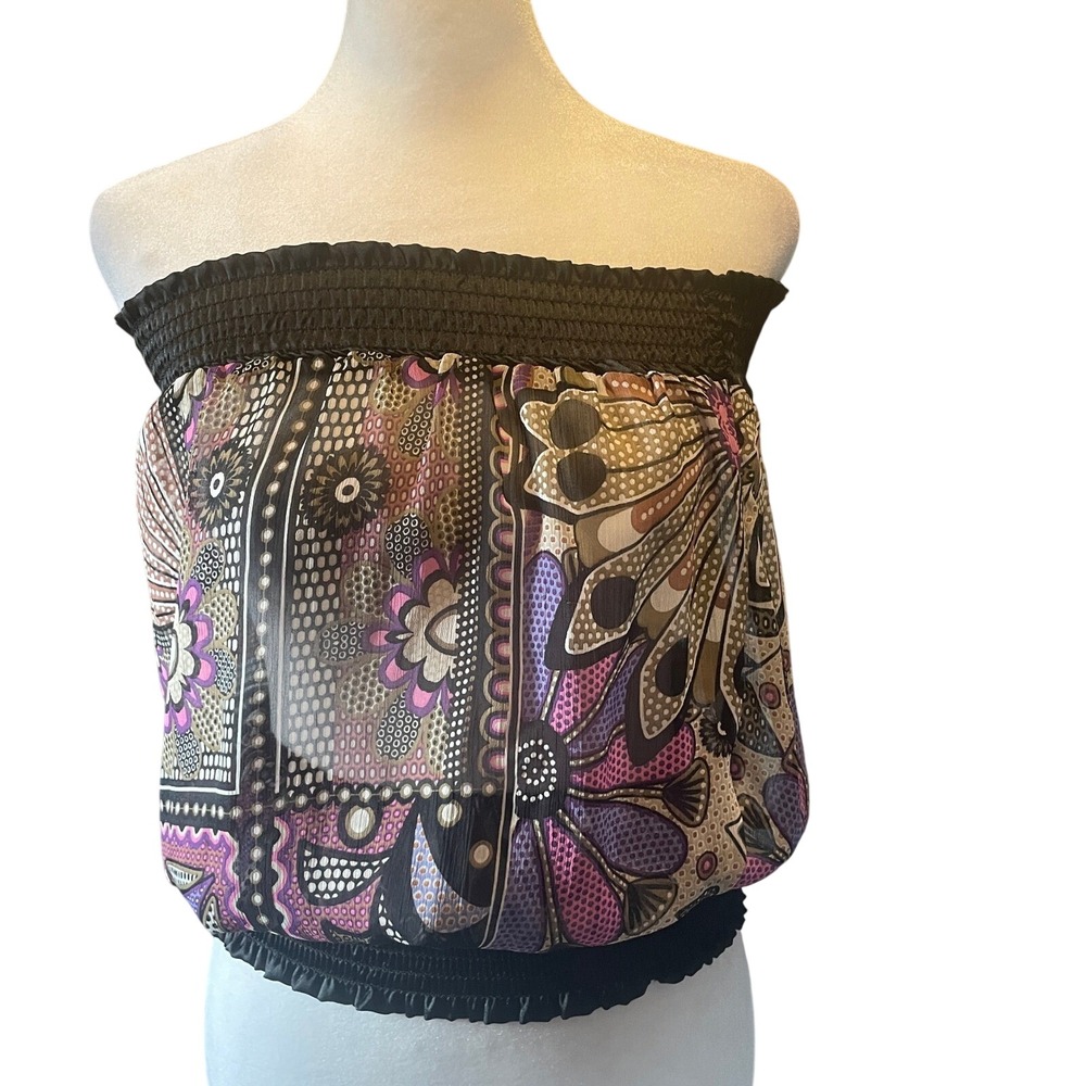 Y2K Women Whimsigoth Festival Sheer‎ Strapless Smocked Boho Top S/M Purple Indie